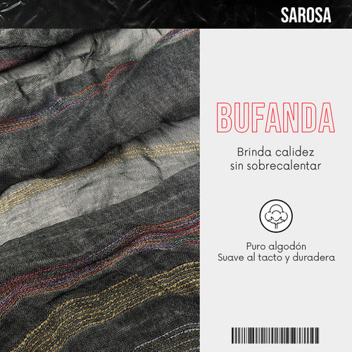 Bufanda 100% Algodón Hombre Unisex Rayas Sarosa Color Negro Talla Unitalla