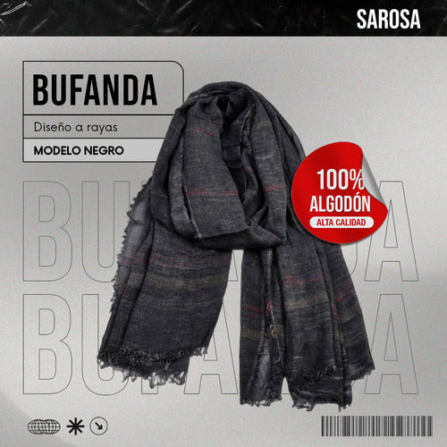 Bufanda 100% Algodón Hombre Unisex Rayas Sarosa Color Negro Talla Unitalla